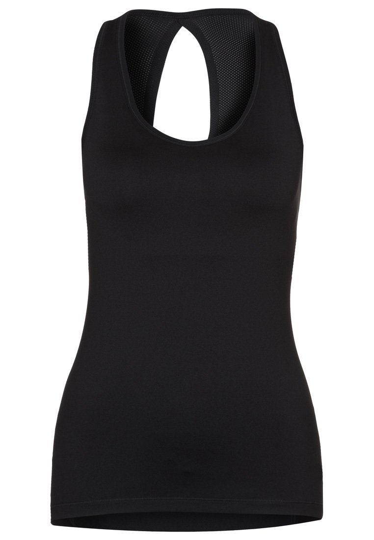 Zwarte sportieve tanktop gemaakt van soepel, elastisch materiaal; heeft een racerback ontwerp met een ademende mesh inzet aan de achterkant.