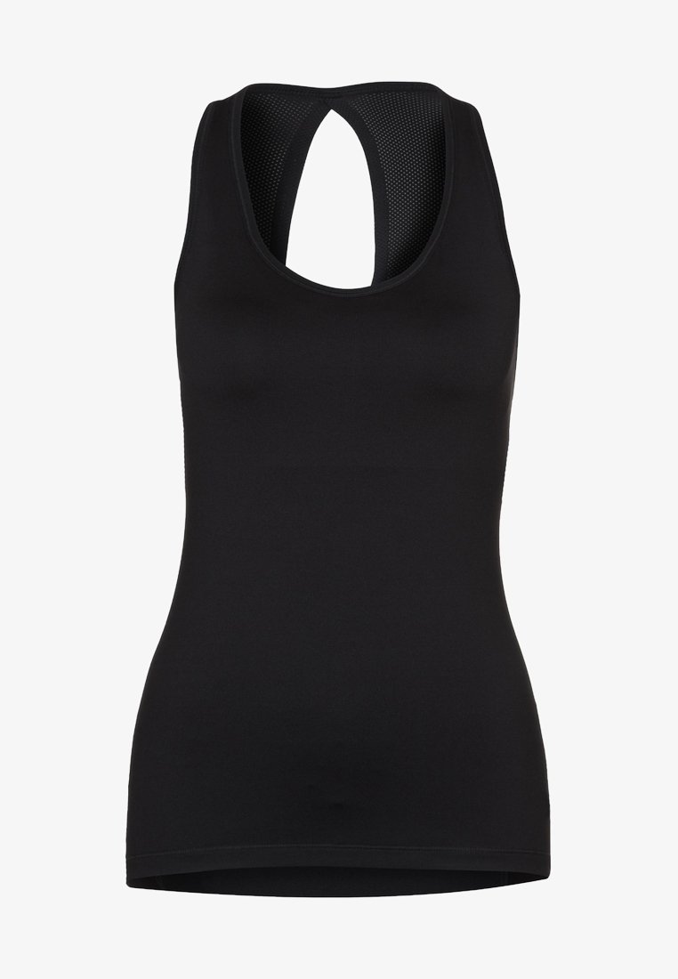 Zwarte sportieve tanktop gemaakt van soepel, elastisch materiaal; heeft een racerback ontwerp met een ademende mesh inzet aan de achterkant.