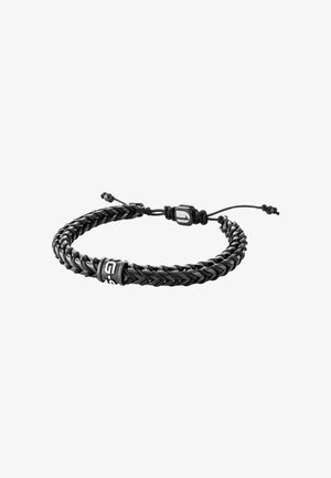 Zwarte gevlochten leren armband met verstelbaar koord en twee kleine metalen kralen, met een rechthoekige metalen hanger met witte markeringen.