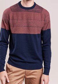 Dunkelblaues Sweatshirt mit einem strukturierten roten Streifenmuster über der Brust. Hat einen Rundhalsausschnitt sowie gerippte Bündchen und Saum. Glattes Strickmaterial.