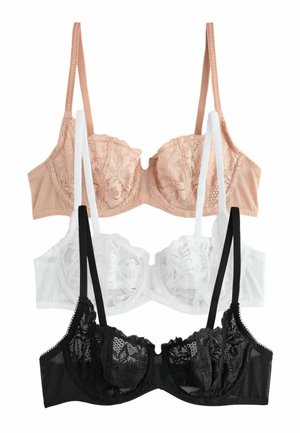 Three bras in nude, white, and black. Each features lace detailing, underwire support, and adjustable straps. They have a sheer texture.