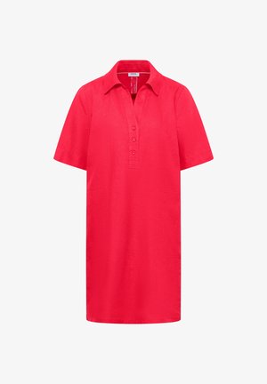 Vestido rojo de lino hasta la rodilla con mangas cortas, cuello, tapeta con tres botones y bolsillos delanteros.