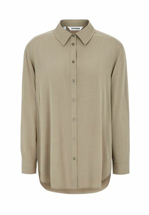 Beige langlopende button-up overhemd met een puntige kraag en zachte stof, met een gebogen zoom en knoopmanchetten.