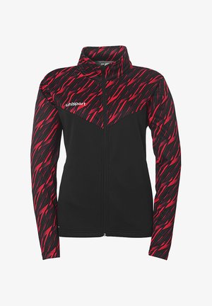 Veste zippée noire et rouge avec un col haut, présentant un motif ondulé dynamique sur les manches, en tissu doux et avec une coupe moderne.