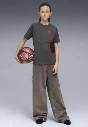 Grijze T-shirt met rode accenten, voorzien van een zak met rits. Loszittende, hooggecutte grijze broek en een rode basketbal.