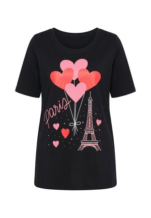 Sort bomulds-T-shirt med et grafisk tryk af Eiffeltårnet, lyserøde og røde ballonhjerter og ordet "Paris" i lyserød kursiv.