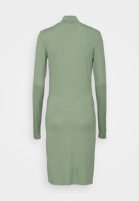 Vestido de mangas longas, canelado, em verde suave, com decote alto e silhueta ajustada, feito de um material macio e elástico.