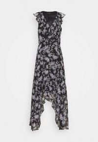 Black floral dress with ruffled neckline, featuring a high-low hem and contrasting white floral patterns on a sheer fabric.