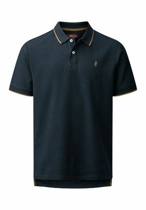 Camisa polo azul marino hecha de tejido acanalado con ribetes dorados, tapeta de dos botones, logo bordado en el pecho y dobladillo recto.