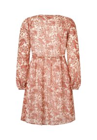 Långärmad klänning i ljuskräm med blommönster i rosttoner. Åtsittande bodice med elastisk midja och utsvängd kjol. Texturerad tyg.