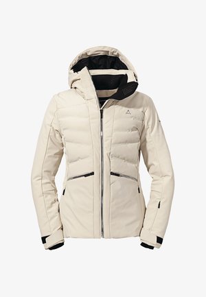 Light beige puffer jacket featuring a zippered front, adjustable hood, black accents, and zippered pockets; smooth texture with quilted pattern.