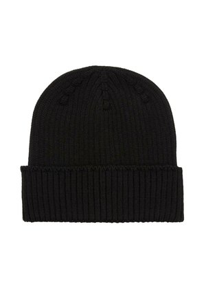 Schwarze Strickmütze mit umgeschlagenem Saum und subtilem Rippenmuster, entworfen für Wärme und lässigen Tragekomfort.