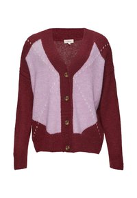 Bordeauxfarbener und helllila gestrickter Cardigan mit V-Ausschnitt, vier braunen Knöpfen und geometrischem Farbkasten-Design. Weicher Stoff und lockere Passform.