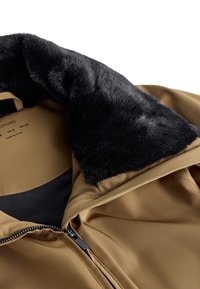 Brown jacket with a black faux fur collar and black lining, featuring a zipper closure and smooth fabric texture. Label visible inside.