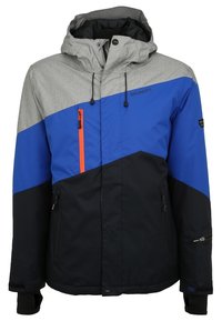Veste d'hiver avec capuche grise, partie supérieure bleue, partie inférieure noire, poche zippée orange et cordons sur la capuche.