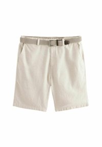 Shorts bej deschis, confecționați dintr-un material texturat, cu două buzunare laterale și o curea împletită maro, cu o cataramă metalică.