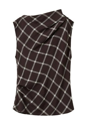 Bluza neagră fără mâneci cu model în carouri albe și decolteu drapat asimetric.