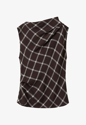 Bluza neagră fără mâneci cu model în carouri albe și decolteu drapat asimetric.