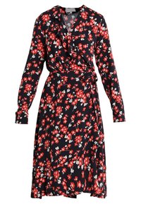 Kukallinen kietaisumekko tummansinisessä värissä, pitkähihaisena, jossa on punaisia ja valkoisia kukkakuoseja, röyhelökaulus ja sidottu vyötärö.