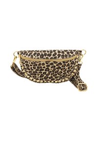 Sac bandoulière imprimé léopard avec des accessoires en métal doré, fermeture éclair et accents cloutés. Fabriqué en matériau texturé, doté d'une bandoulière réglable.