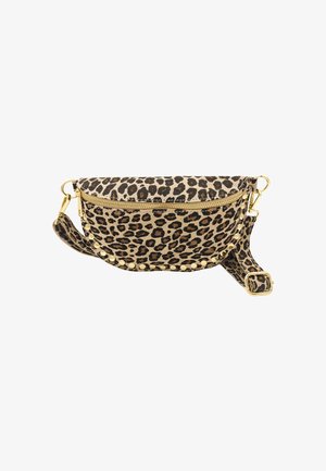 Sac bandoulière imprimé léopard avec des accessoires en métal doré, fermeture éclair et accents cloutés. Fabriqué en matériau texturé, doté d'une bandoulière réglable.
