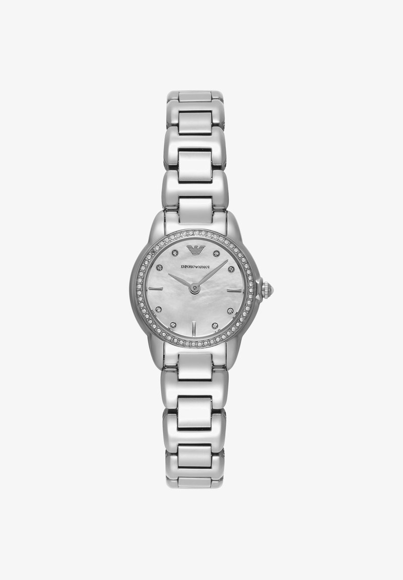 Orologio da polso Emporio Armani in acciaio inox color argento con ghiera in cristallo, quadrante in madreperla e indici delle ore in cristallo, cinturino a maglie.