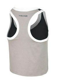 Graues Sporttanktop mit einem schwarzen Rückenpaneel, weißem Saum, Racerback-Design und "HEAD"-Logo auf dem oberen Rücken. Leichter Stoff.