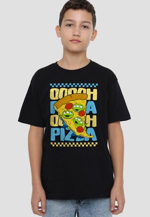 Black cotton t-shirt featuring a vibrant graphic of cartoon aliens and pizza, with blue and yellow text and a checkered border design.
