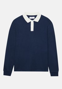 Marineblaue langärmelige Poloshirt mit einem weißen gerippten Kragen und einer Drei-Knopf-Leiste. Weiche Textur, gerader Saum und gerippte Bündchen.
