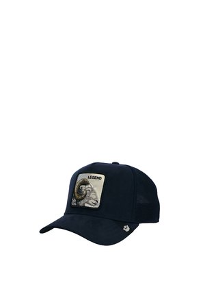 Dunkelblaues Mesh-Trucker-Cap mit einem Aufnäher, der einen Widderkopf und darüber das Wort "LEGEND" zeigt.