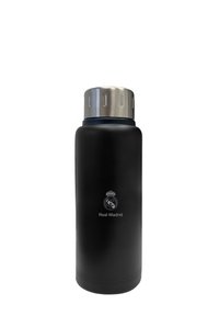 Termos in acciaio inox nero con tappo a vite argentato. Presenta il logo del Real Madrid in bianco. Superficie liscia, forma cilindrica.