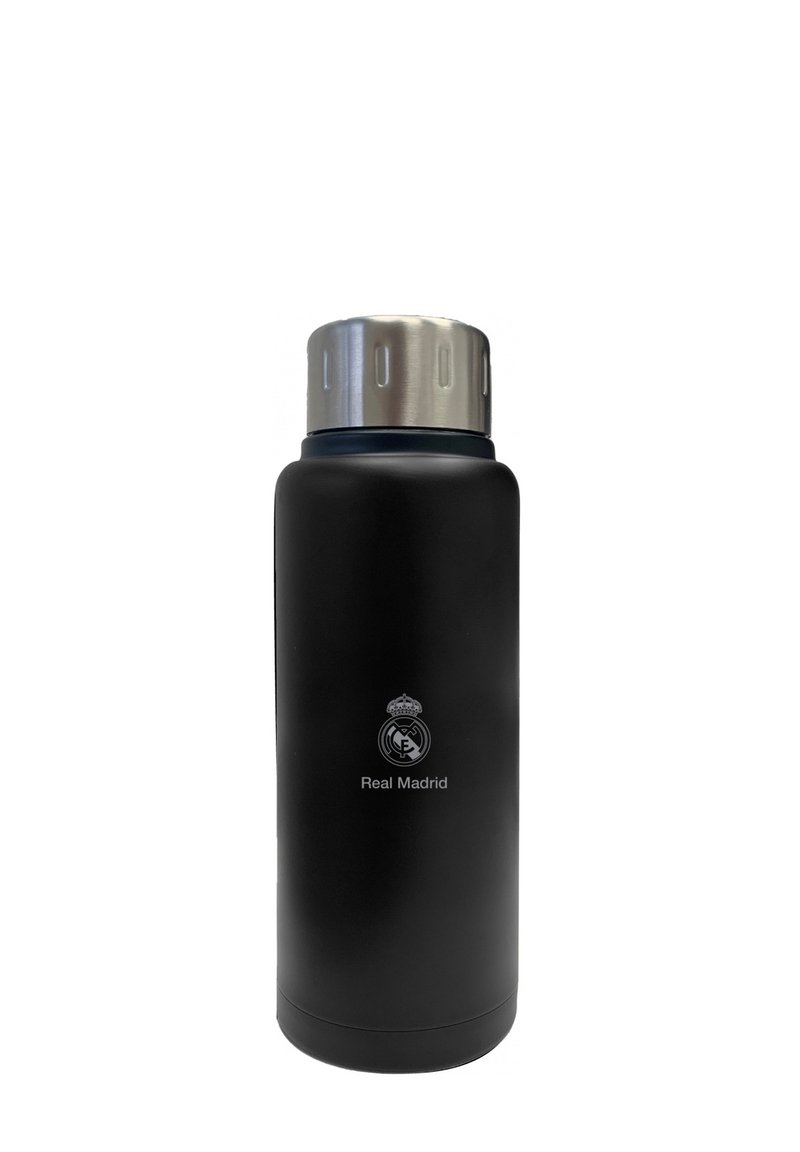 Termos in acciaio inox nero con tappo a vite argentato. Presenta il logo del Real Madrid in bianco. Superficie liscia, forma cilindrica.