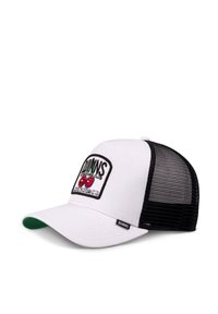 White cap with a black mesh back, featuring an embroidered logo with red cherries, green accents, and a flat brim. Small side label present.