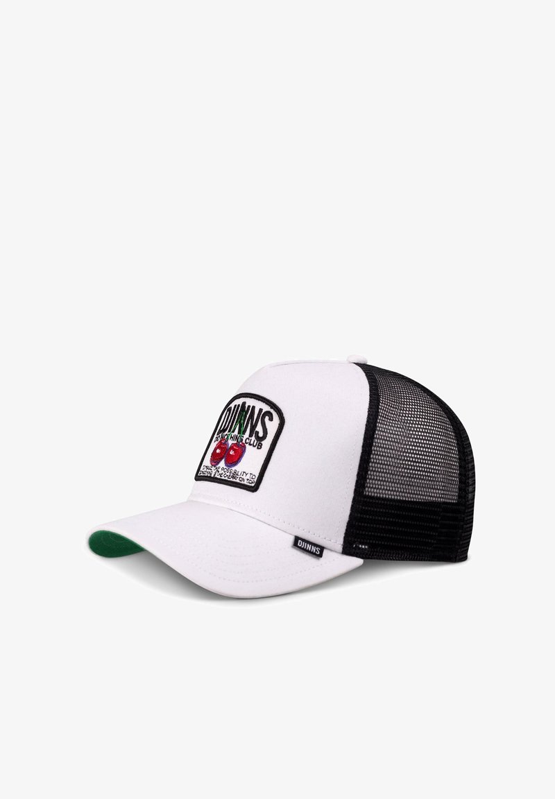White cap with a black mesh back, featuring an embroidered logo with red cherries, green accents, and a flat brim. Small side label present.