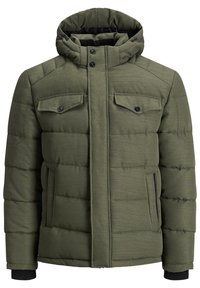 Veste matelassée vert olive avec fermeture éclair et boutons, dotée de deux poches poitrine, poches latérales et d'un tissu épais et texturé.