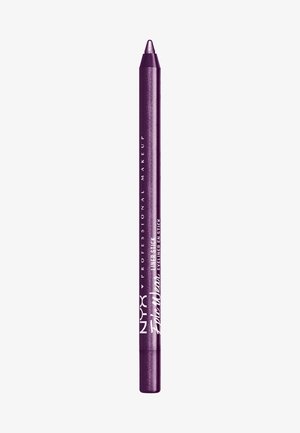 Lila Eyeliner-Stift mit glänzendem Finish. Verfügt über eine angespitzte Spitze für präzise Anwendung. Branding entlang der Länge in Weiß aufgedruckt.