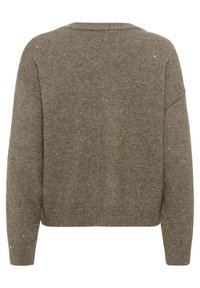 Ruda megzta laisvo stiliaus megztinis su nuleistais pečiais. Turi ribotą apačią ir šiek tiek blizgesio, kurį suteikia įausti sidabriniai siūlai.