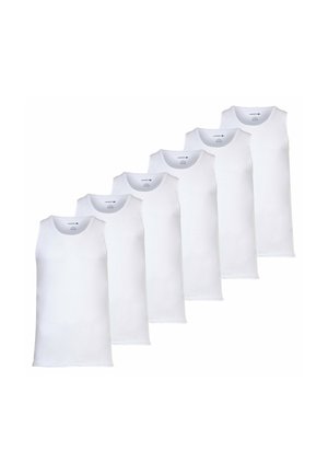 Weiße Baumwolltanktops in einer Reihe angeordnet, mit Rundhalsausschnitt und ohne Ärmel, mit sauberen Kanten und minimal sichtbarem Branding.