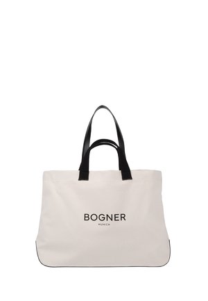 Borsa a tracolla beige con manici neri e logo "BOGNER MUNICH" centrato sul davanti, design semplice, senza chiusura visibile.