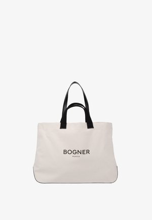 Borsa a tracolla beige con manici neri e logo "BOGNER MUNICH" centrato sul davanti, design semplice, senza chiusura visibile.