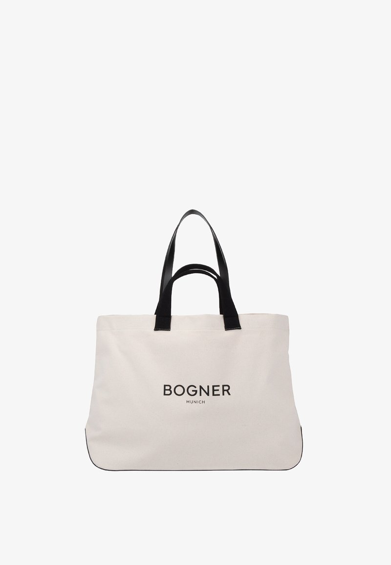 Sac cabas beige avec poignées noires et logo "BOGNER MUNICH" centré à l'avant, design simple, sans fermeture visible.