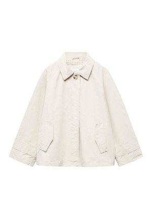 Lys beige letvægtsjakke med krave, to forlommer og lange ærmer. Minimalistisk design med en glat tekstur.