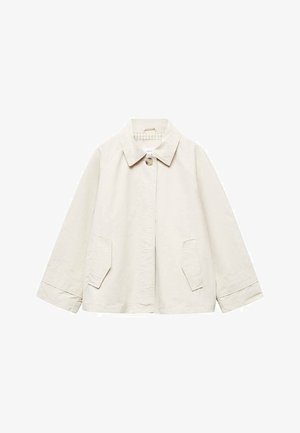 Leichtgewichtige Jacke in hellem Beige mit einem Kragen, zwei Vorder Taschen und langen Ärmeln. Minimalistisches Design mit glatter Textur.