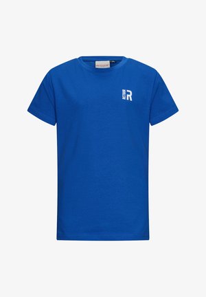 Maglietta in cotone blu con colletto rotondo e maniche corte. Presenta un piccolo logo bianco "R" sul lato sinistro del peito. Texture liscia.