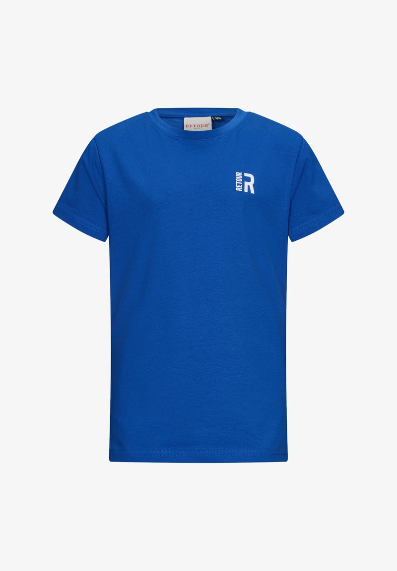 Niebieska bawełniana koszulka z okrągłym dekoltem i krótkimi rękawami. Posiada małe białe logo "R" na lewej piersi. Gładka tekstura.