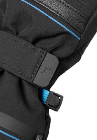Schwarzer Handschuh mit einer strukturierten Lederakzent, blauen Nähten und einem verstellbaren Riemen mit einer strukturierten schwarzen Schnalle für einen sicheren Sitz.