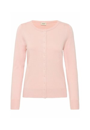 Light pink knit cardigan featuring a round neck, long sleeves, and a row of matching buttons down the front. Smooth texture, fitted design.