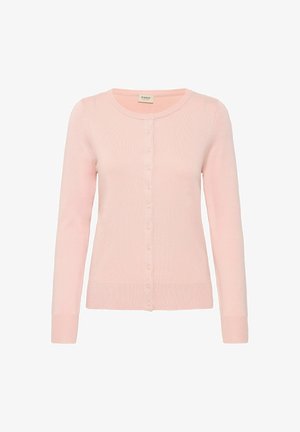 Ljusrosa stickad cardigan med rund hals, långa ärmar och en rad matchande knappar fram. Slät textur, figursydd design.