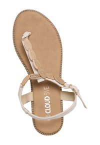 Beige flad sandal med teksturerede ovale perler på remmen, ankelspænde og polstret sål med indersål med mærket "Cloud 5IVE".