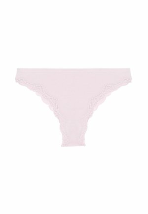 Lichtroze katoenen slip met delicate kantafwerking langs de randen, met een gladde textuur en een lage taille.